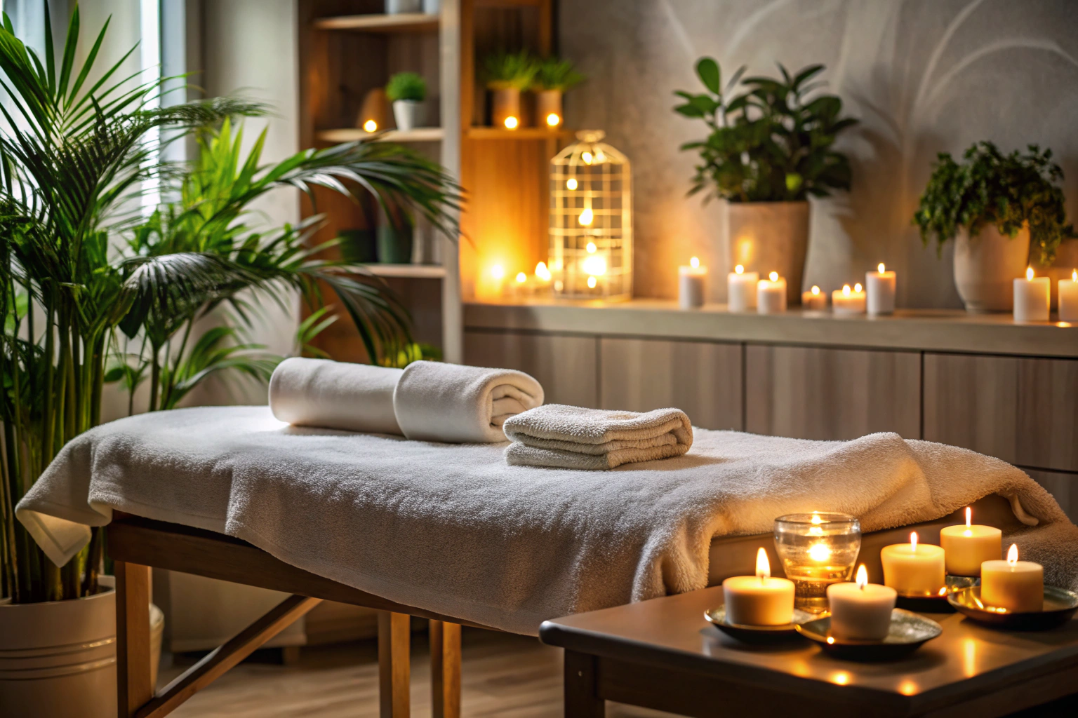 Ein ruhiger, professioneller Massageraum mit gedämpftem Licht, einem Massagetisch mit weißen Tüchern, einigen neutralen Ölflaschen und dezenten Pflanzen im Hintergrund, die eine entspannte Atmosphäre vermitteln
