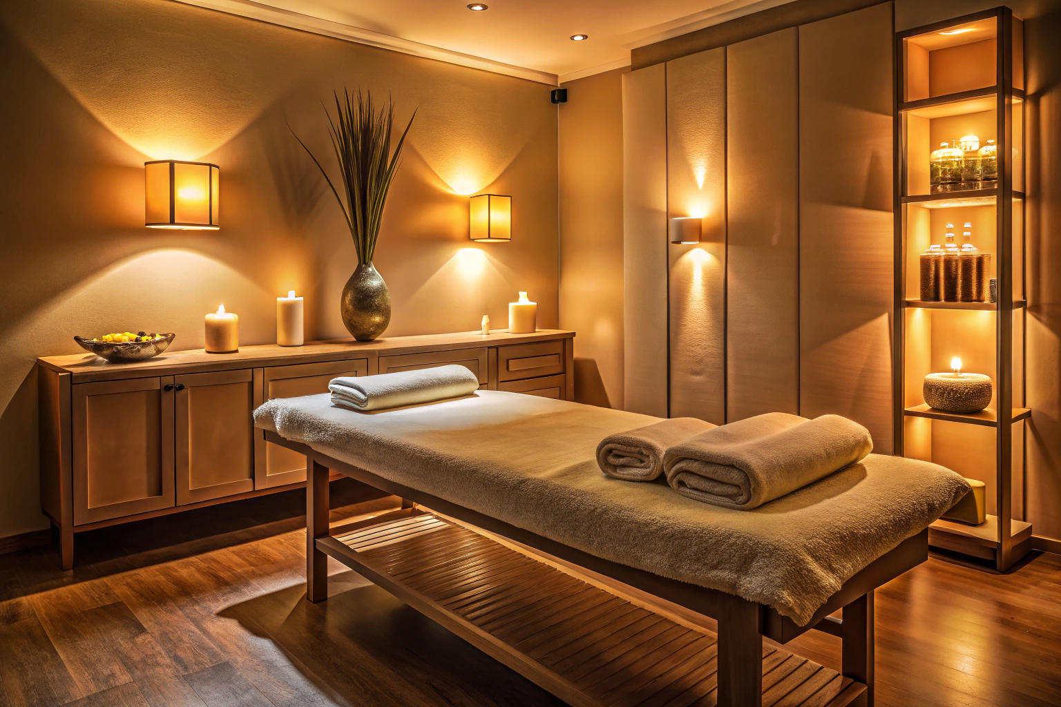 Ein ruhiger und einladender Massageraum mit einem Massagetisch, weichen Handtüchern und gedämpftem Licht, der eine entspannte Atmosphäre vermittelt