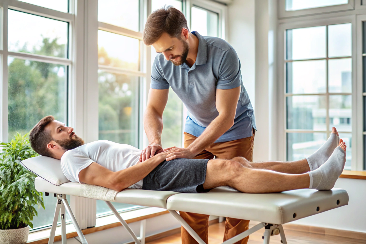 Eine detaillierte Darstellung einer Sportmassage, bei der geschulte Hände sanft die Wade eines Sportlers massieren, um Verspannungen zu lösen, in einem ruhigen, hellen Raum ohne störende Elemente