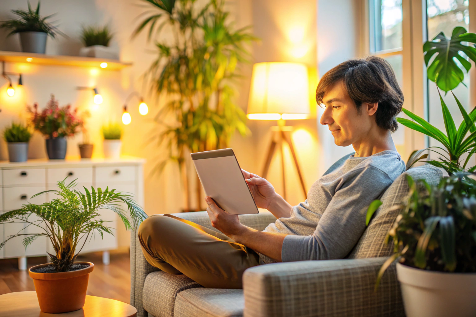 Eine Person, die entspannt auf einem Sofa sitzt und auf einem Tablet einen Kalender betrachtet, mit einem unscharfen Hintergrund von Zimmerpflanzen und warmem Licht, das eine beruhigende Atmosphäre schafft