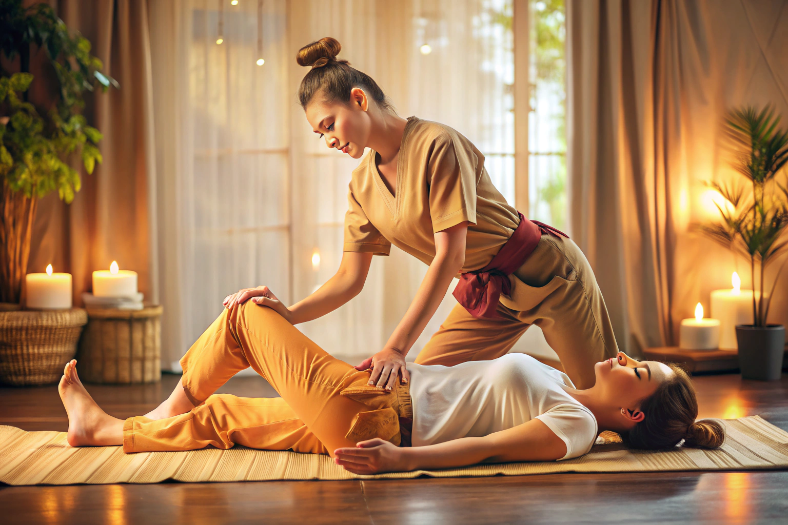 Eine abstrakte Darstellung einer Thai-Massage-Szene mit sanften, fließenden Bewegungen und entspannter Atmosphäre in warmen Farbtönen